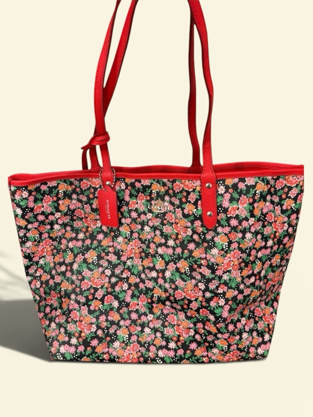 Coach Floral Canvas Reversible Tote Purse with Bright Red Trim